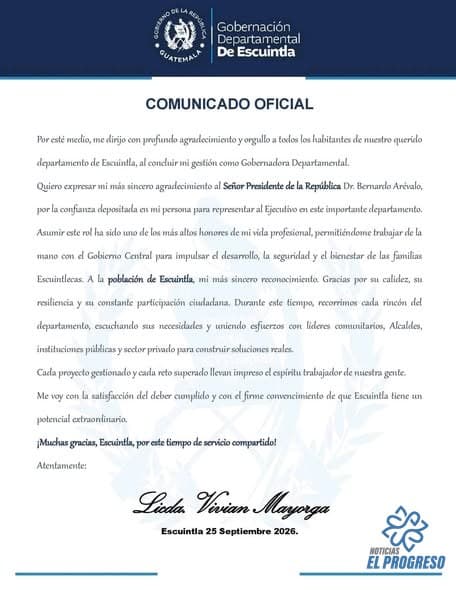 Destituyen a la gobernadora de Escuintla y nombran a su sucesora, Darling Graciela Ramírez Oliva